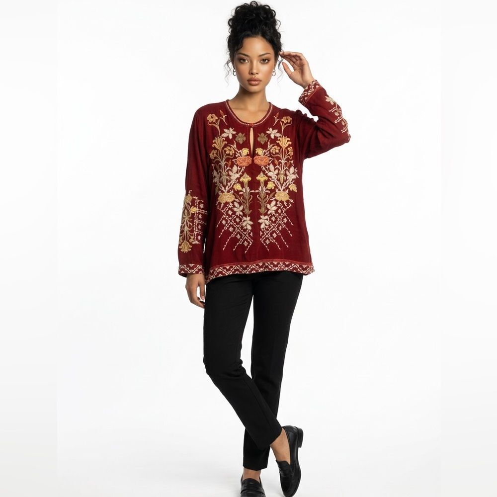 JOHNNY WAS Frankie Boho Red Wine Embroidered Blouse top size large. EUC